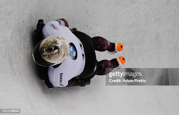 Barrett Martineau of Canada completes his first run of the Men's Skeleton during Day 4 of the IBSF World Championships 2016 at Olympiabobbahn Igls on...