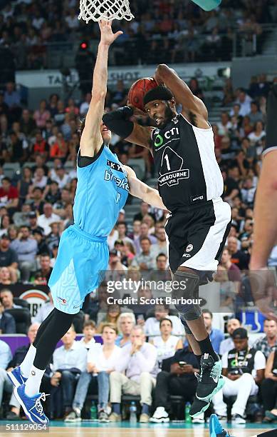 Hakim Warrick of Melbourne United drives to the basket during the NBL Semi Final match between Melbourne United and the New Zealand Breakers at...