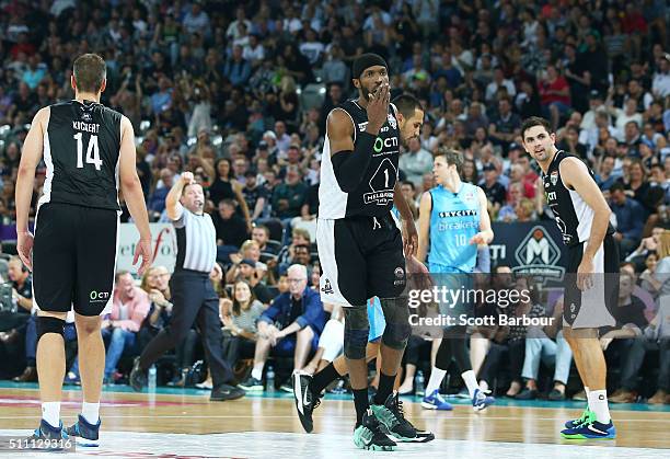 Hakim Warrick of Melbourne United reacts to a foul call by the referee during the NBL Semi Final match between Melbourne United and the New Zealand...