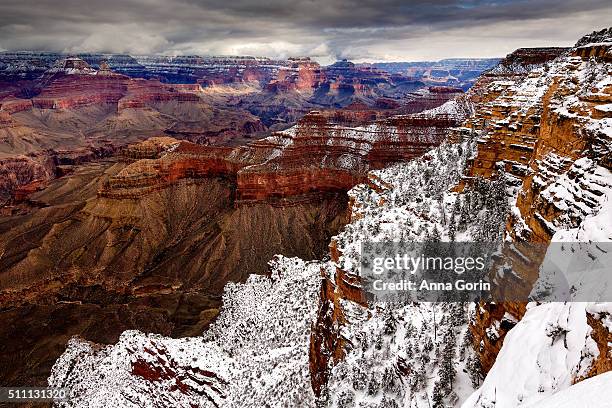 snow over south rim of grand canyon in winter with dramatic clouds overhead - grand canyon village stock pictures, royalty-free photos & images