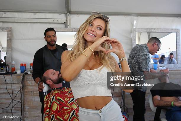 Model Samantha Hoopes attends the Schick Hydro Barbershop at the Sports Illustrated Swimsuit Issue launch celebration on February 17, 2016 in Miami,...