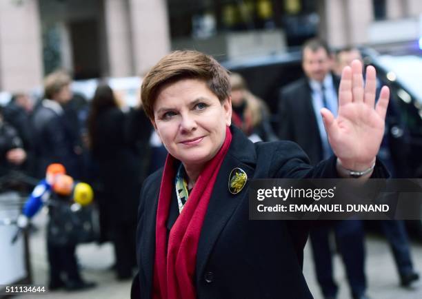 Poland's Prime minister Beata Szyd?o arrives for an EU summit meeting, at the European Union headquarters in Brussels, on February 18, 2016. EU...