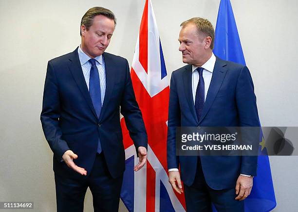Britain's Prime Minister David Cameron and European Council President Donald Tusk speak during a bilateral meeting ahead of an EU summit meeting, at...