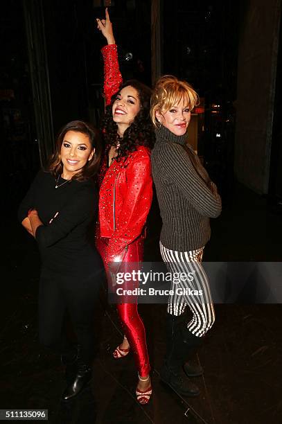 Eva Longoria, Ana Villafane as "Gloria Estefan" and Melanie Griffith pose backstage at the hit Gloria Estefan musical "On Your Feet!" on Broadway at...