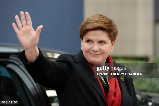 Poland's Prime minister Beata Szyd?o arrives for an EU summit meeting, at the European Union headquarters in Brussels, on February 18, 2016. EU...