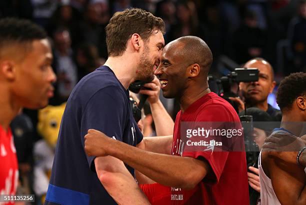 Pau Gasol of the Chicago Bulls and the Eastern Conference and Kobe Bryant of the Los Angeles Lakers and the Western Conference hug after the NBA...