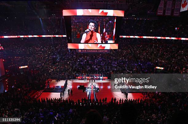 Singer Nelly Furtado performs the Canadian national anthem during the NBA All-Star Game 2016 at the Air Canada Centre on February 14, 2016 in...