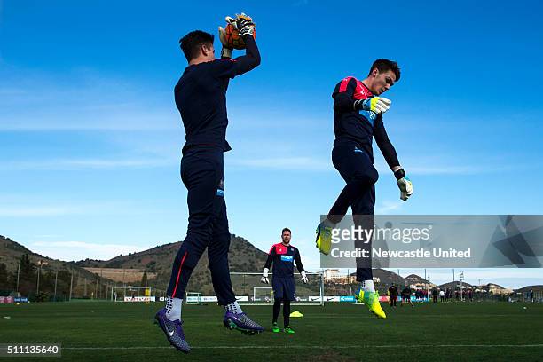 Goalkeepers Karl Darlow , Rob Elliot and Freddie Woodman excersises at a training session during The Newcastle United training camp on February 18 in...