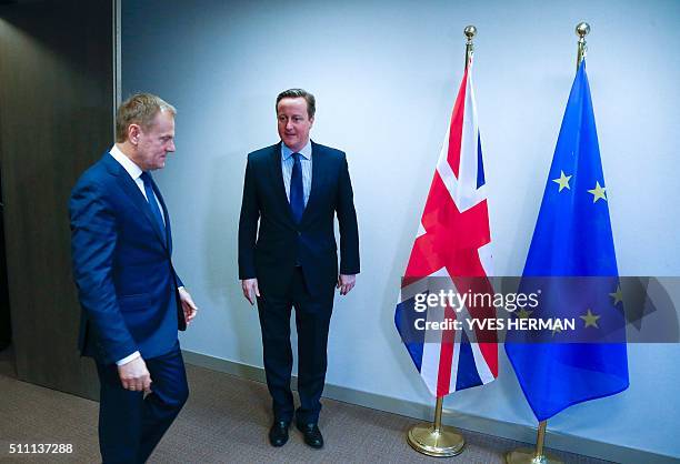 Britain's Prime Minister David Cameron and European Council President Donald Tusk arrive to pose for a photo as they meet ahead of an EU summit...