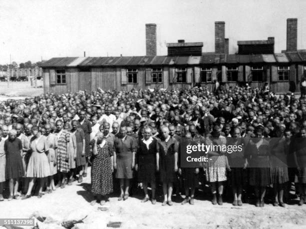 Photo taken 27 May 1944 in Oswiecim, showing women inside the Auschwitz-Birkenau extermination camp. The Auschwitz camp was established by the Nazis...