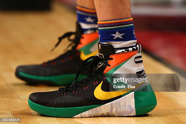 Detail view of the Nike sneakers worn by Pau Gasol of the Chicago Bulls and the Eastern Conference during the NBA All-Star Game 2016 at the Air...