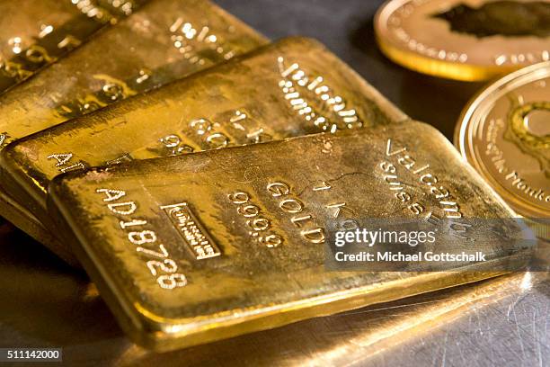 Muenchen, Germany Gold bars and Gold Coins in the safe of Pro Aurum Gold trading house on February 16, 2016 in Muenchen, Germany.