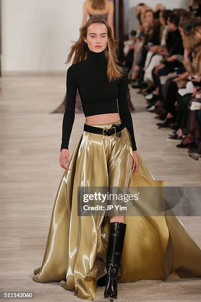 Model walks the runway wearing Ralph Lauren Fall 2016 during New York Fashion Week: The Shows at Skylight Clarkson Sq on February 18, 2016 in New...