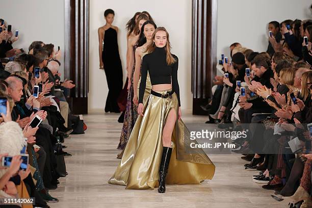 Models walk the runway wearing Ralph Lauren Fall 2016 during New York Fashion Week: The Shows at Skylight Clarkson Sq on February 18, 2016 in New...