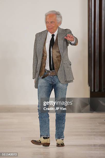 Designer Ralph Lauren greets the audience at the finale of the Ralph Lauren Fall 2016 fashion show during New York Fashion Week: The Shows at...