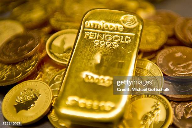 Muenchen, Germany Gold bar and Gold Coins in the safe of Pro Aurum Gold trading house on February 16, 2016 in Muenchen, Germany.