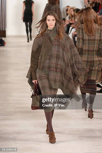 Model walks the runway wearing Ralph Lauren Fall 2016 during New York Fashion Week: The Shows at Skylight Clarkson Sq on February 18, 2016 in New...