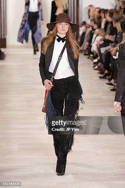 Model walks the runway wearing Ralph Lauren Fall 2016 during New York Fashion Week: The Shows at Skylight Clarkson Sq on February 18, 2016 in New...