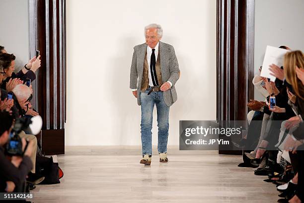 Designer Ralph Lauren greets the audience at the finale of the Ralph Lauren Fall 2016 fashion show during New York Fashion Week: The Shows at...