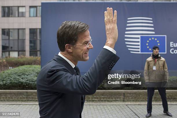 Mark Rutte, Dutch prime minister, gestures as he arrives for a meeting of European Union leaders in Brussels, Belgium, on Thursday, Feb. 18, 2016....