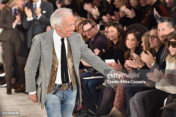 Designer Ralph Lauren greets the audience at the finale of the Ralph Lauren Fall 2016 fashion show during New York Fashion Week: The Shows at...
