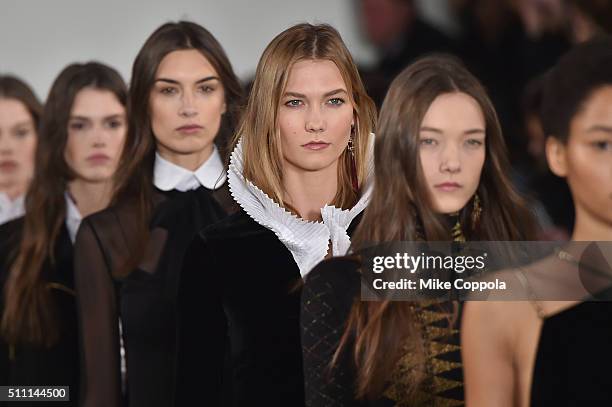 Karlie Kloss walks the runway wearing Ralph Lauren Fall 2016 during New York Fashion Week: The Shows at Skylight Clarkson Sq on February 18, 2016 in...