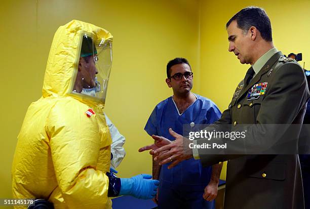 King Felipe VI of Spain during a visit to "Gomez Ulla", the Central Hospital of Defense which has recently opened a high-level unit to treat highly...