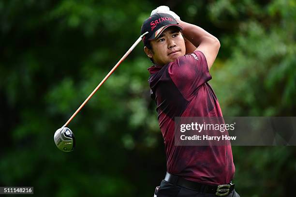 Hideki Matsuyama of Japan tees off on the 12th hole during round one of the Northern Trust Open at Riviera Country Club on February 18, 2016 in...