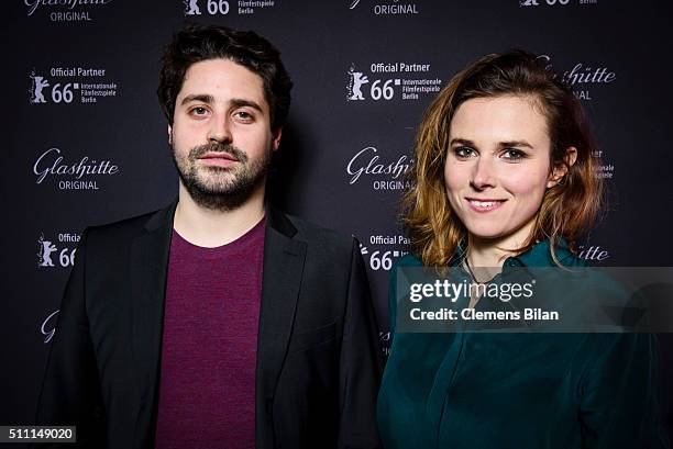 Director Julius Schultheiss and actress Karin Hanczewski attend the Warm-Up Perspektive Deutsches Kino' at the Glashuette Original Lounge on February...