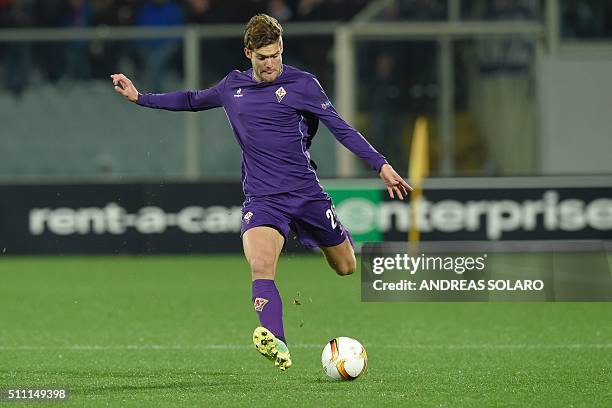 Fiorentina's defender from Spain, Marcos Alonso Mendoza kicks the ball during the UEFA Europa League football match Fiorentina vs Tottenham on...