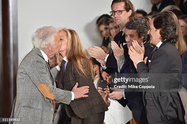 Designer Ralph Lauren kisses wife Ricky Lauren after the Ralph Lauren Fall 2016 fashion show during New York Fashion Week: The Shows at Skylight...