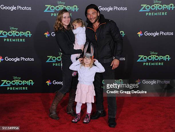 Actor Zach McGowan, wife Emily Johnson and children arrive at the premiere of Walt Disney Animation Studios' "Zootopia" at the El Capitan Theatre on...