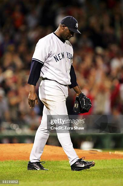 Starting pitcher Jose Contreras of the New York Yankees upset after giving up a three-run home run to Johnny Damon of the Boston Red Sox on July 25,...