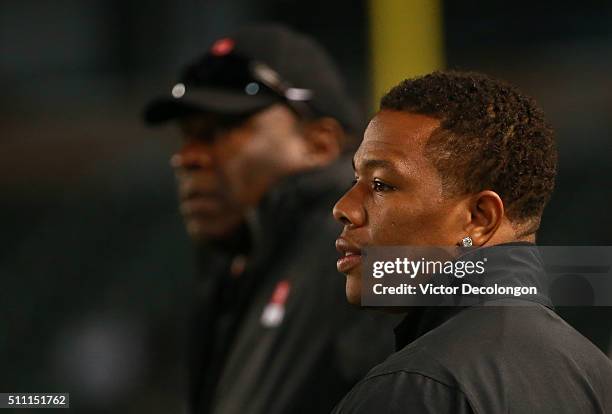 Running back coach Ray Rice of the National Team looks on from the sideline during the NFLPA Collegiate Bowl between the American Team and the...