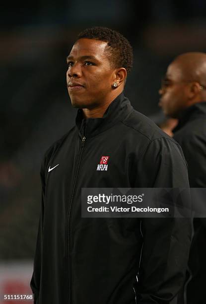 Running back coach Ray Rice of the National Team looks on from the sideline during the NFLPA Collegiate Bowl between the American Team and the...
