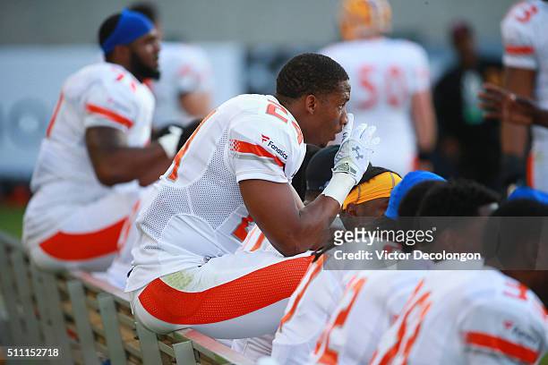 Sharrod Neasman of American Team looks on from the bench area during the NFLPA Collegiate Bowl at StubHub Center on January 23, 2016 in Carson,...