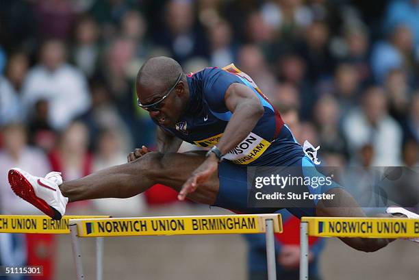 Allen Johnson of the USA in action in the Mens 110 Metres Hurdles, during the Norwich Union International Athletics Meeting at Alexander Stadium on...