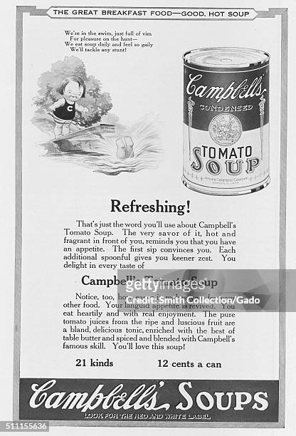 Full page advertisement for Campbell's Condensed Tomato Soup, featuring a drawing of a child diving into the water and a little girl watching, with...