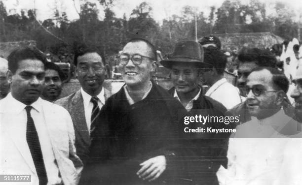 The 14th Dalai Lama, Tenzin Gyatso, spiritual and temporal ruler of Tibet, arrives in Tepzur, Assam, India, after fleeing his country, 18th April...