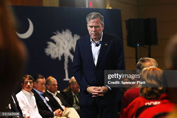 Republican presidential candidate Jeb Bush pauses while speaking to an audience of voters on February 18, 2016 in Columbia, South Carolina. Bush, who...