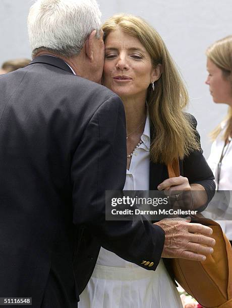 Caroline Kennedy Schlossberg is greeted during the dedication of the Rose Fitzgerald Kennedy Greenway July 26, 2004 in Boston, Massachusetts. The...