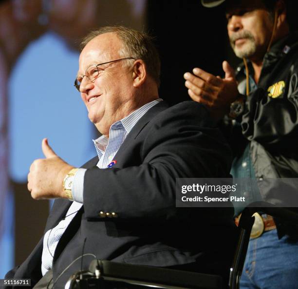 Senator and Veteran Max Cleland speaks at a Veterans Caucus on the first day of the Democratic National Convention July 26, 2004 in Boston,...