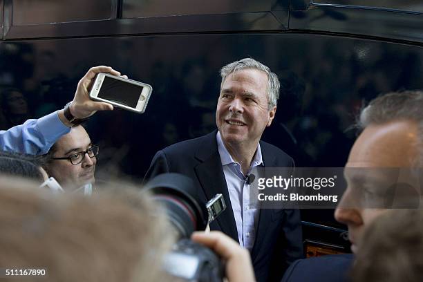 Jeb Bush, former Governor of Florida and 2016 Republican presidential candidate, speaks to the media following a town hall event at the Columbia...