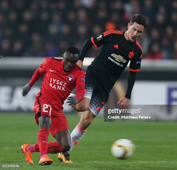Pione Sisto of FC Midtjylland scores their first goal during the UEFA Europe League match between FC Midtjylland and Manchester United on February...