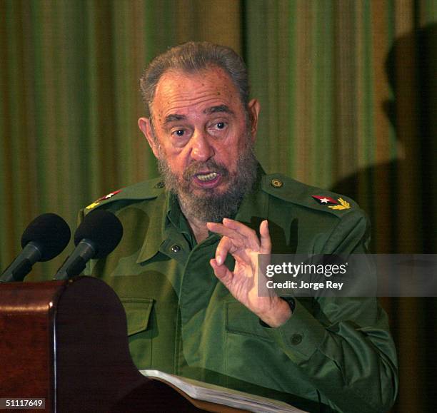 Cuban President Fidel Castro speaks during the island's annual Revolution Day celebration July 26, 2004 in Santa Clara, Cuba. The celebration marks...