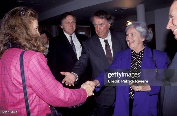 TARONGA PARK - 3 JULY : ANNITA KEATING WITH THE FIRST CONQUEROR OF THE MOUNT EVEREST AND ALSO A TRUSTEE OF WWF, SIR EDMUND HILLARY WITH WIFE JUNE,WHO...