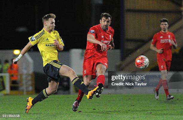 Jose Enrique of Liverpool and Harrison Chapman of Middlesbrough in action during the Liverpool v Middlesbrough Barclays U21 Premier League game at...