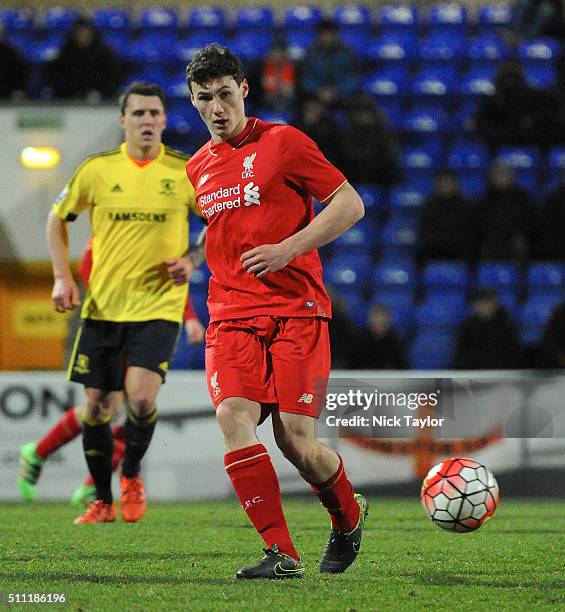 Matthew Virtue of Liverpool in action during the Liverpool v Middlesbrough Barclays U21 Premier League game at the Lookers Vauxhall Stadium on...