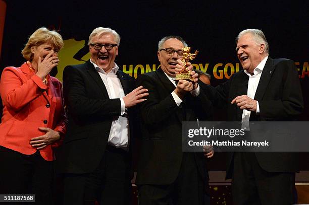 Monika Gruetters, Frank-Walter Steinmeier, Dieter Kosslick and Michael Ballhaus attend the 'Hommage For Michael Ballhaus' during the 66th Berlinale...