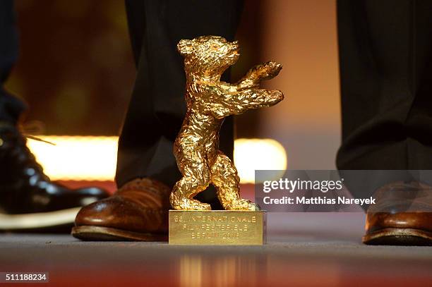 The Honorary Golden Bear award is seen at the 'Hommage For Michael Ballhaus' during the 66th Berlinale International Film Festival Berlin at...